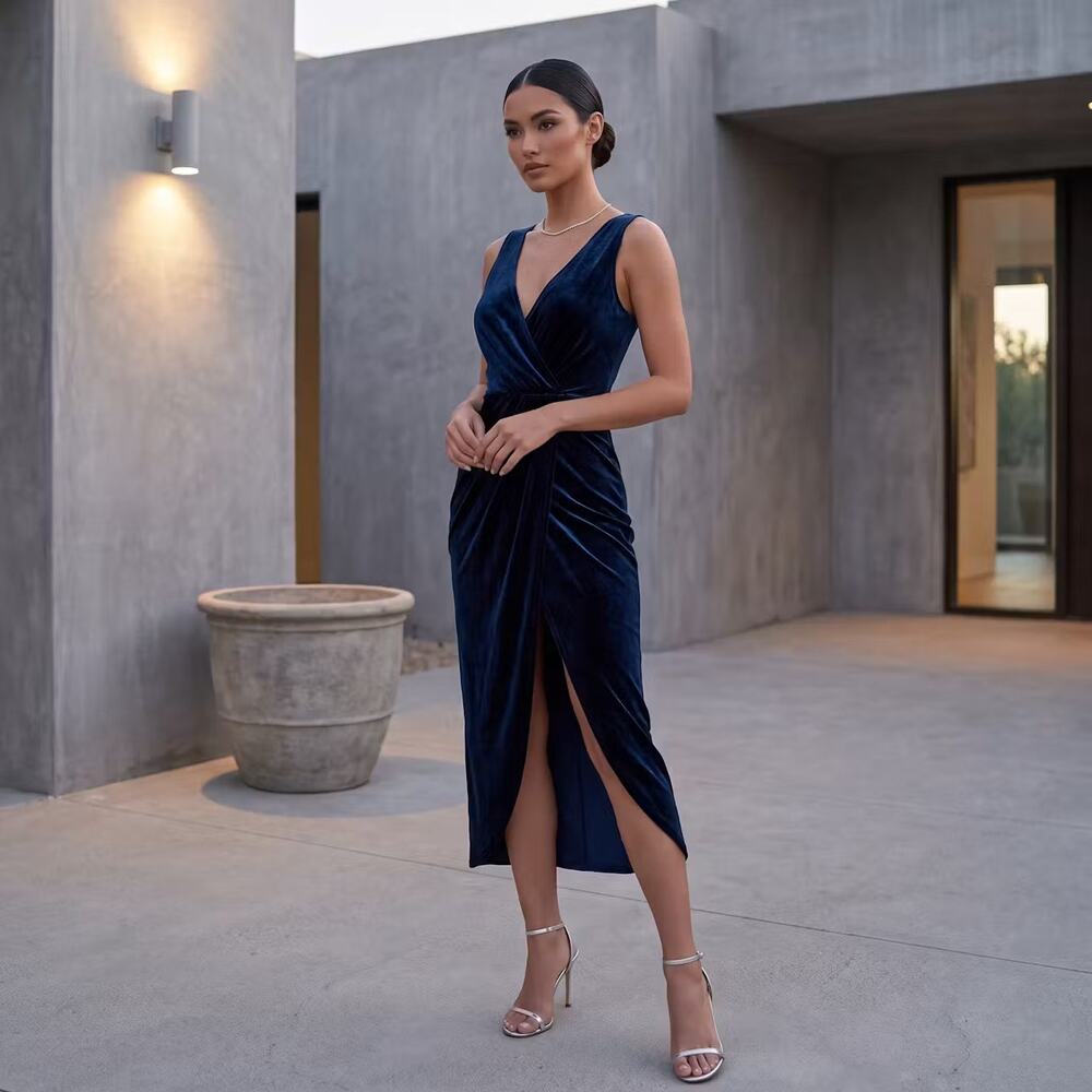 Navy Blue Stretch Velvet Wrap Midi Dress Deep V-neck High Leg Slit Elegant SMALL